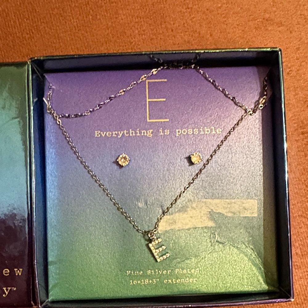 NEW ‘a new day’ delicate Silvery 'E' Necklace and Earring Set + FREEBIES